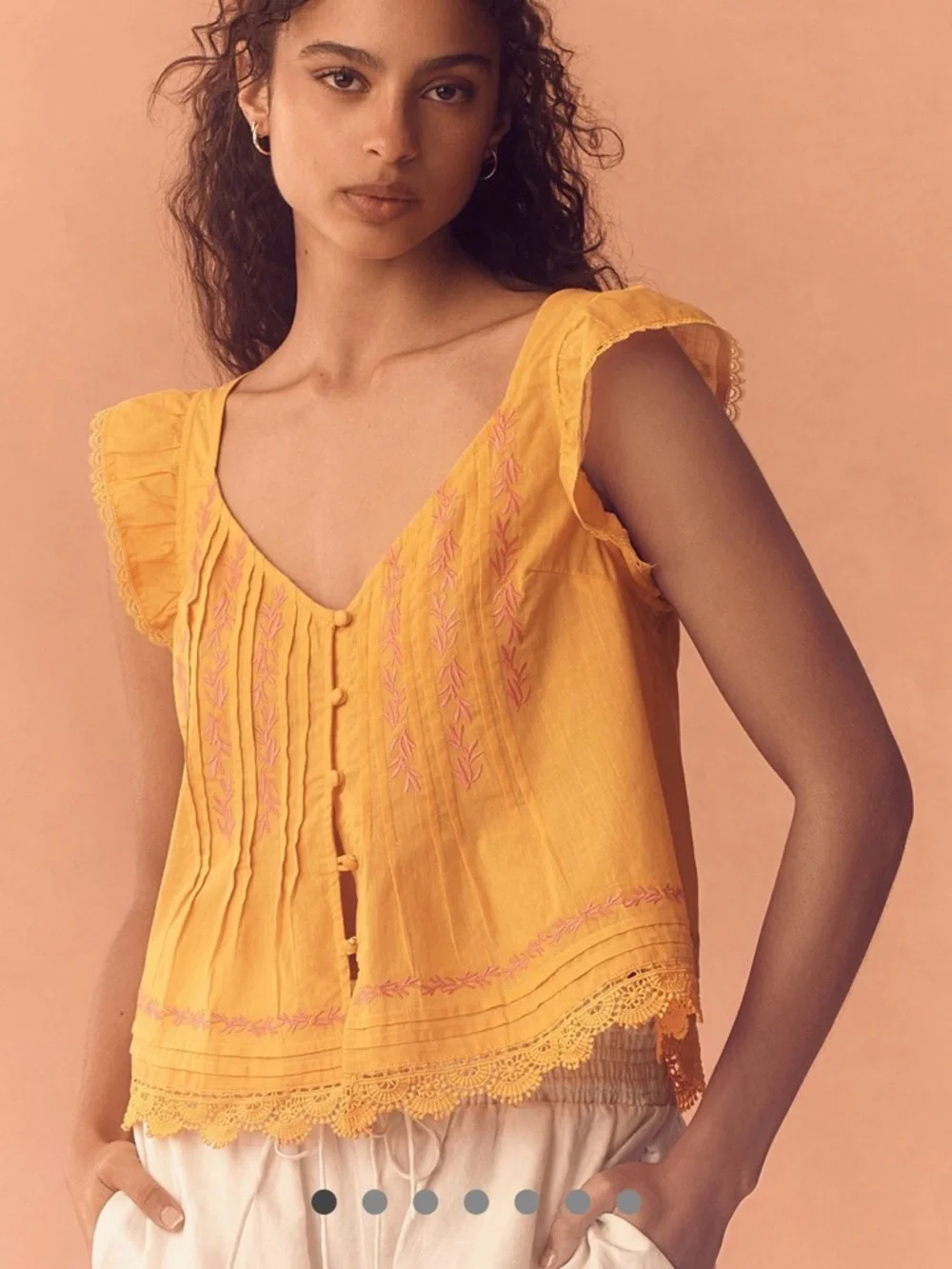 Women’s Yellow Embroidered Flutter Sleeve Top